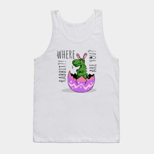 Little cute green dinosaur with rabbit ears looking for rabbit before easter holiday cry  t-shirt Tank Top